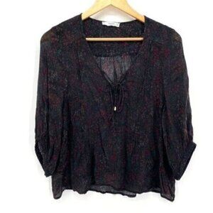Mango Sheer Black Boho Floral Peasant Blouse